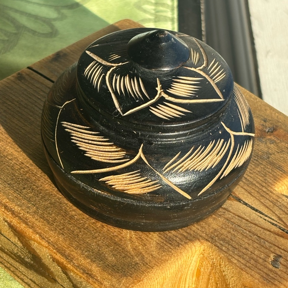 Carved Black and Tan Decorative wooden trinket Box